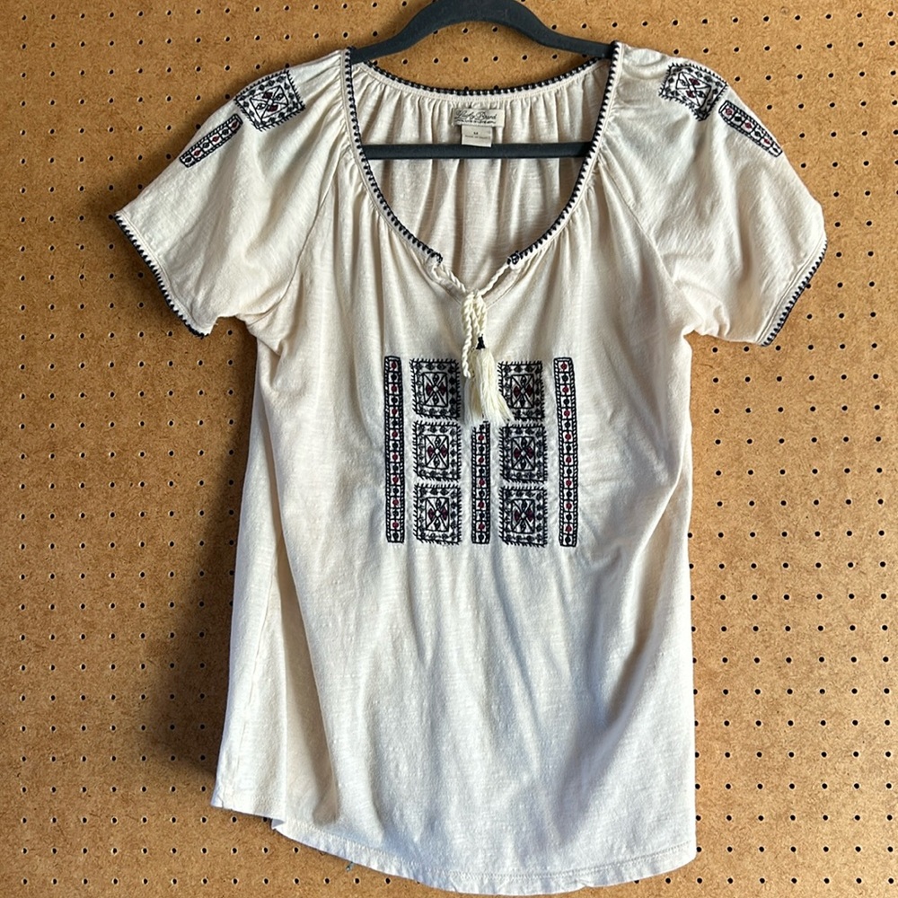 Lucky Brand Boho Short Sleeve Shirt Cream/Blue Trim